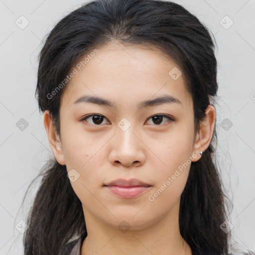 Neutral asian young-adult female with medium  brown hair and brown eyes