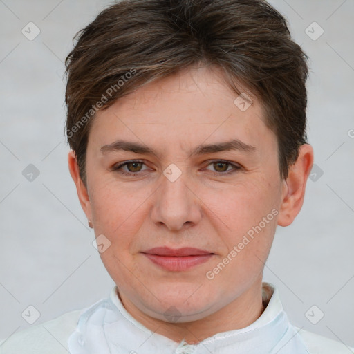 Joyful white young-adult female with short  brown hair and brown eyes