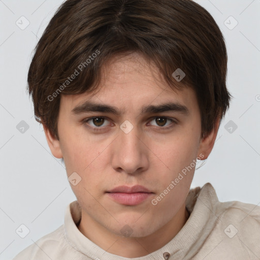 Neutral white young-adult male with short  brown hair and brown eyes