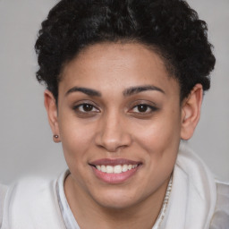 Joyful latino young-adult female with short  brown hair and brown eyes