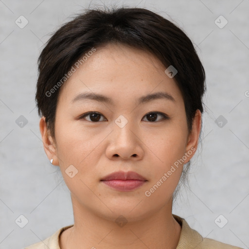 Neutral asian young-adult female with short  brown hair and brown eyes