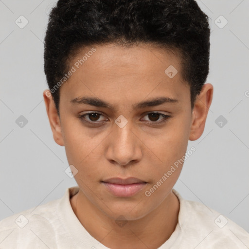 Neutral white young-adult female with short  brown hair and brown eyes