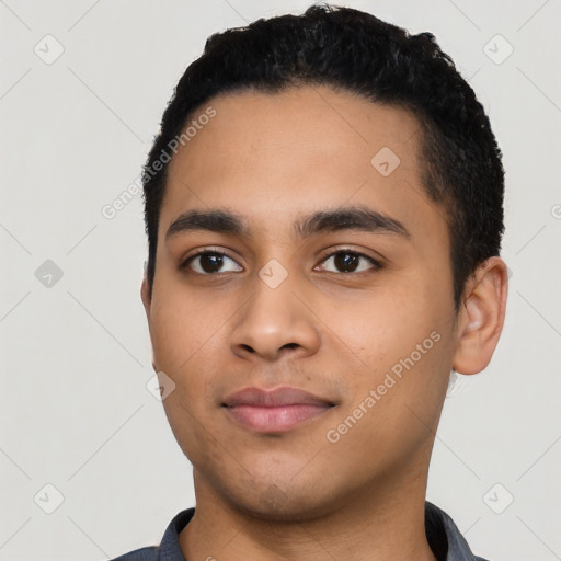 Neutral latino young-adult male with short  black hair and brown eyes