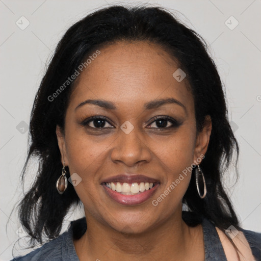 Joyful black young-adult female with medium  black hair and brown eyes