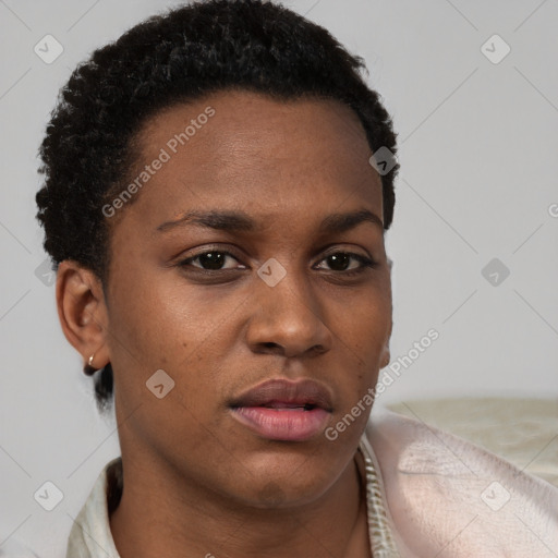 Neutral black young-adult female with short  brown hair and brown eyes