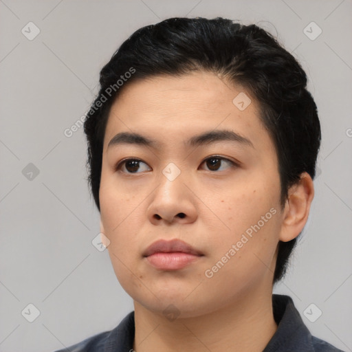 Neutral asian young-adult female with short  black hair and brown eyes
