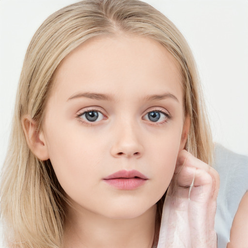 Neutral white child female with long  brown hair and blue eyes