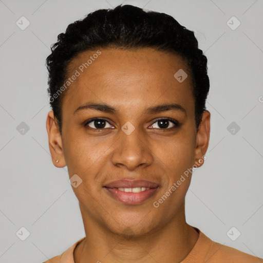 Joyful black young-adult female with short  black hair and brown eyes