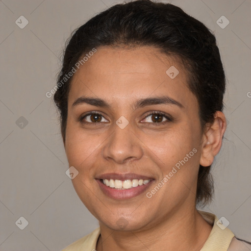 Joyful white young-adult female with medium  brown hair and brown eyes