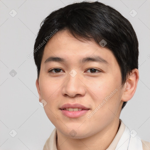 Joyful asian young-adult male with short  brown hair and brown eyes