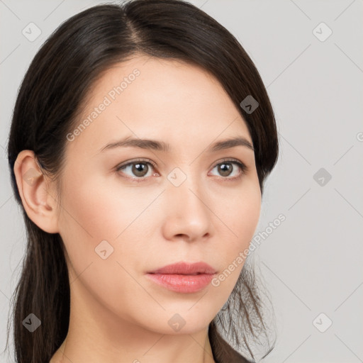 Neutral white young-adult female with long  brown hair and brown eyes