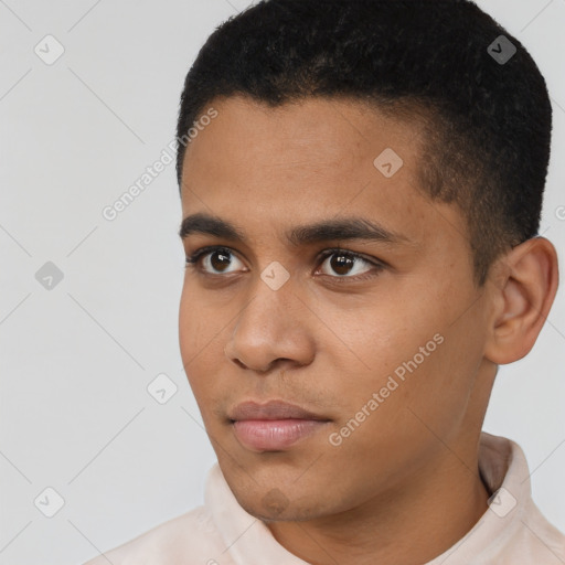 Neutral latino young-adult male with short  black hair and brown eyes