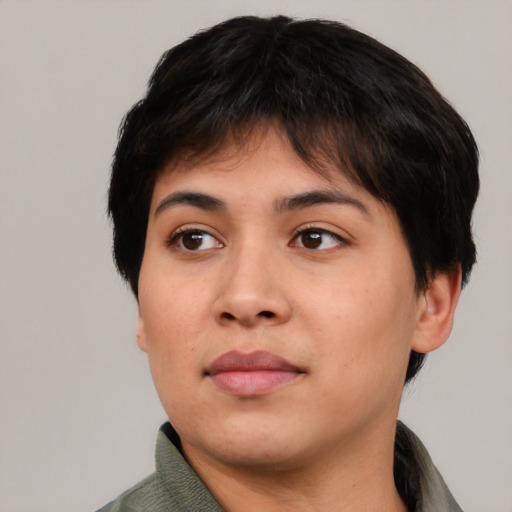 Neutral asian young-adult female with short  brown hair and brown eyes