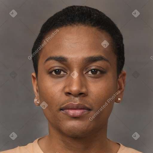 Neutral black young-adult female with short  black hair and brown eyes