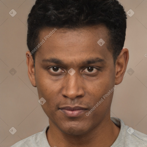 Neutral latino young-adult male with short  black hair and brown eyes