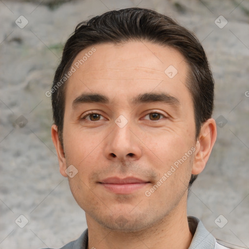 Joyful white young-adult male with short  brown hair and brown eyes