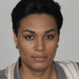 Neutral black young-adult female with short  black hair and brown eyes