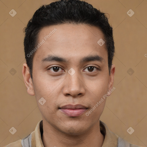 Joyful latino young-adult male with short  brown hair and brown eyes