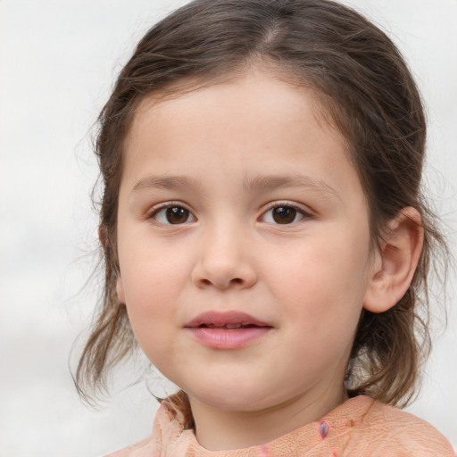 Joyful white child female with medium  brown hair and brown eyes