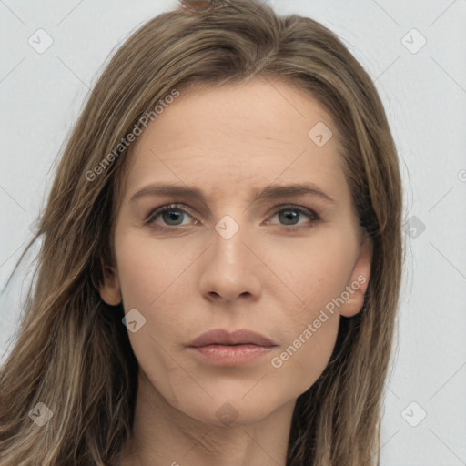 Neutral white young-adult female with long  brown hair and grey eyes