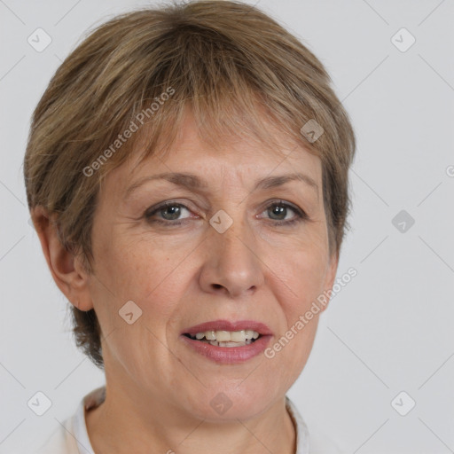 Joyful white adult female with short  brown hair and brown eyes