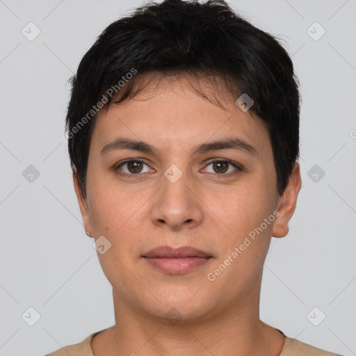 Neutral white young-adult female with short  brown hair and brown eyes