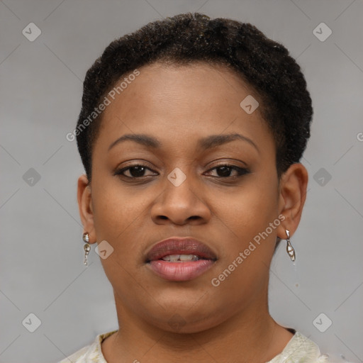 Joyful black young-adult female with short  brown hair and brown eyes