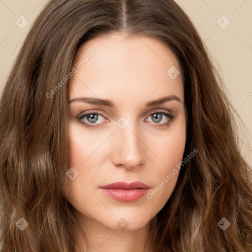 Neutral white young-adult female with long  brown hair and brown eyes