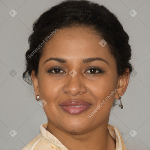 Joyful latino young-adult female with short  brown hair and brown eyes