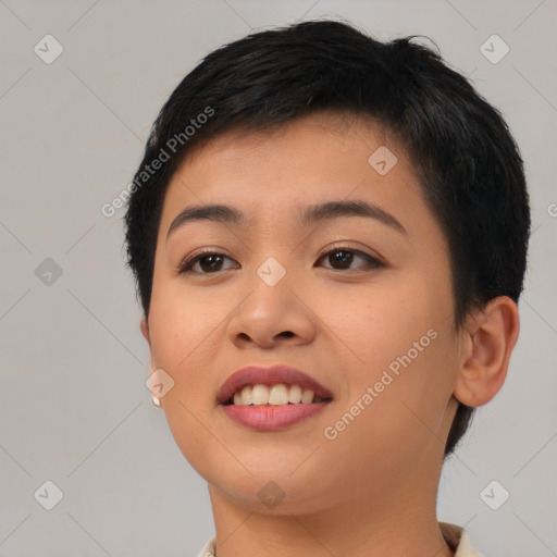 Joyful asian young-adult female with short  black hair and brown eyes