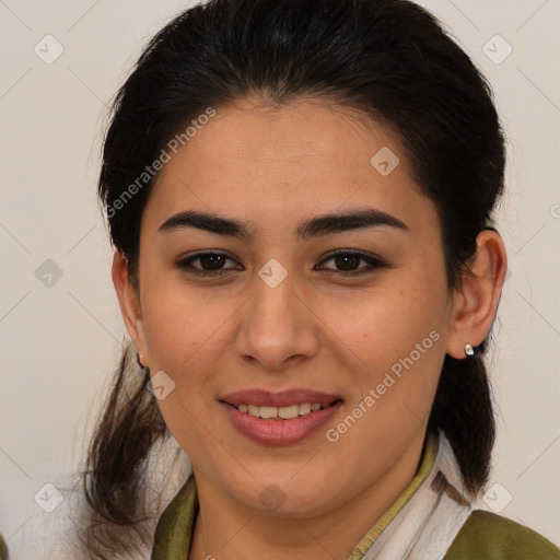 Joyful asian young-adult female with medium  brown hair and brown eyes