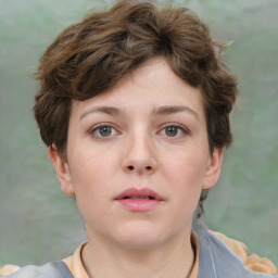 Neutral white young-adult female with short  brown hair and brown eyes