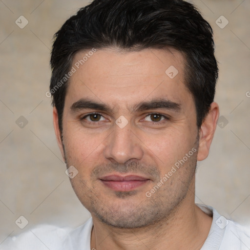 Joyful white young-adult male with short  brown hair and brown eyes