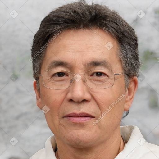 Joyful white middle-aged male with short  brown hair and brown eyes