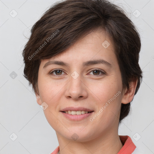 Joyful white young-adult female with short  brown hair and brown eyes