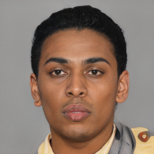Neutral latino young-adult male with short  black hair and brown eyes