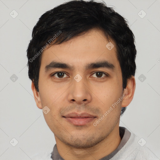 Neutral asian young-adult male with short  black hair and brown eyes