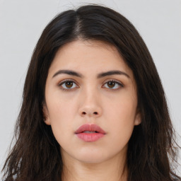 Neutral asian young-adult female with long  brown hair and brown eyes