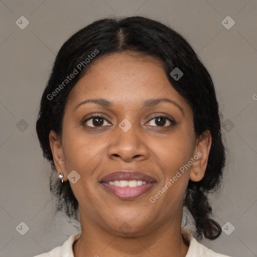 Joyful black young-adult female with medium  brown hair and brown eyes