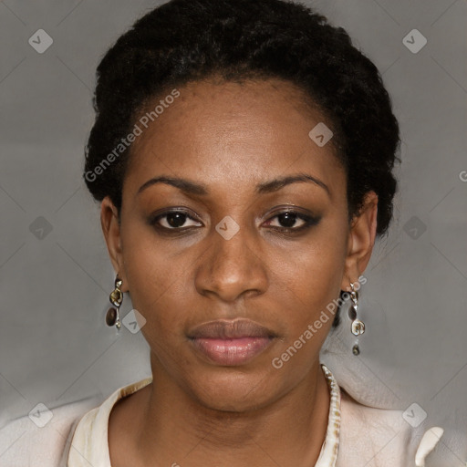 Neutral black young-adult female with short  black hair and brown eyes