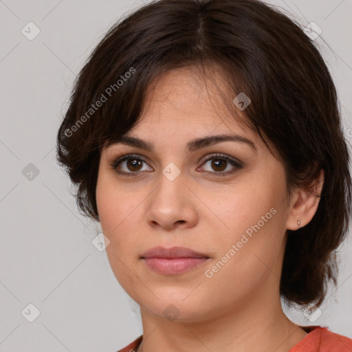 Neutral white young-adult female with medium  brown hair and brown eyes