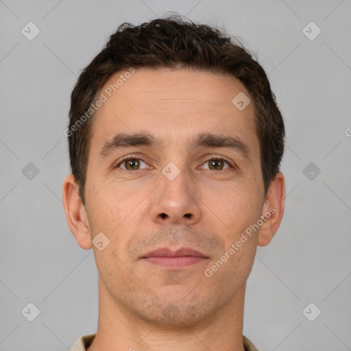 Neutral white adult male with short  brown hair and brown eyes