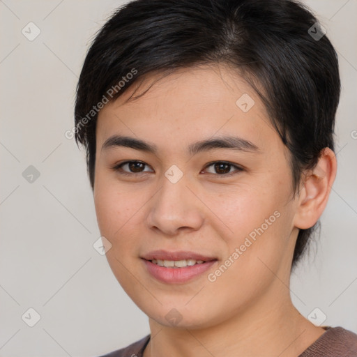 Joyful white young-adult female with medium  brown hair and brown eyes