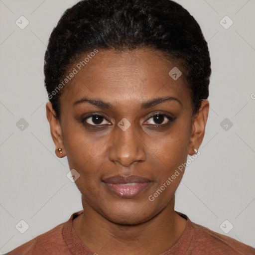 Neutral black young-adult female with short  black hair and brown eyes