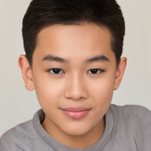 Joyful white child male with short  brown hair and brown eyes