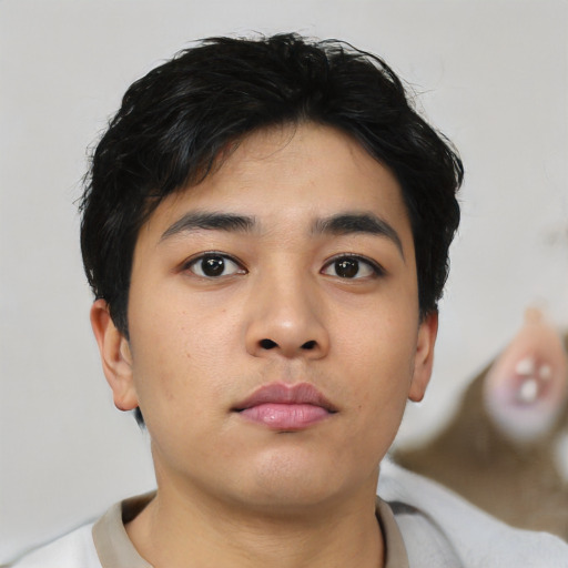 Neutral asian young-adult male with short  black hair and brown eyes