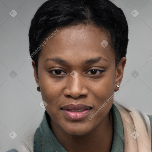 Joyful black young-adult female with short  black hair and brown eyes