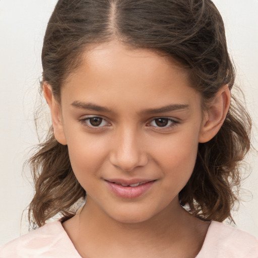 Joyful white child female with medium  brown hair and brown eyes