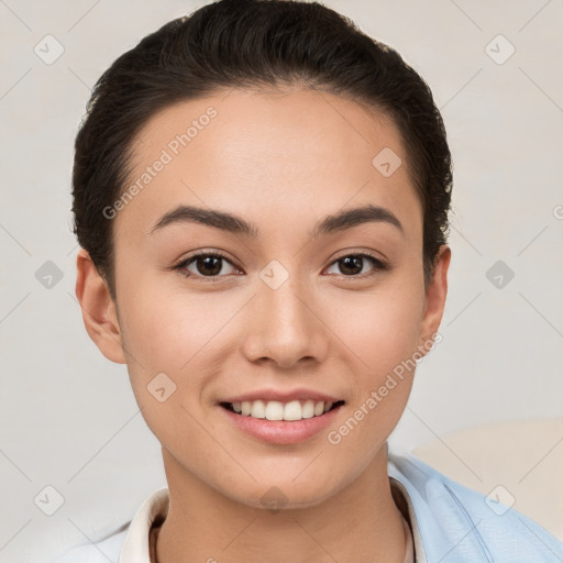 Joyful white young-adult female with short  brown hair and brown eyes