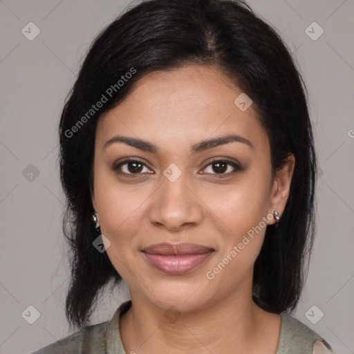 Joyful latino young-adult female with medium  black hair and brown eyes